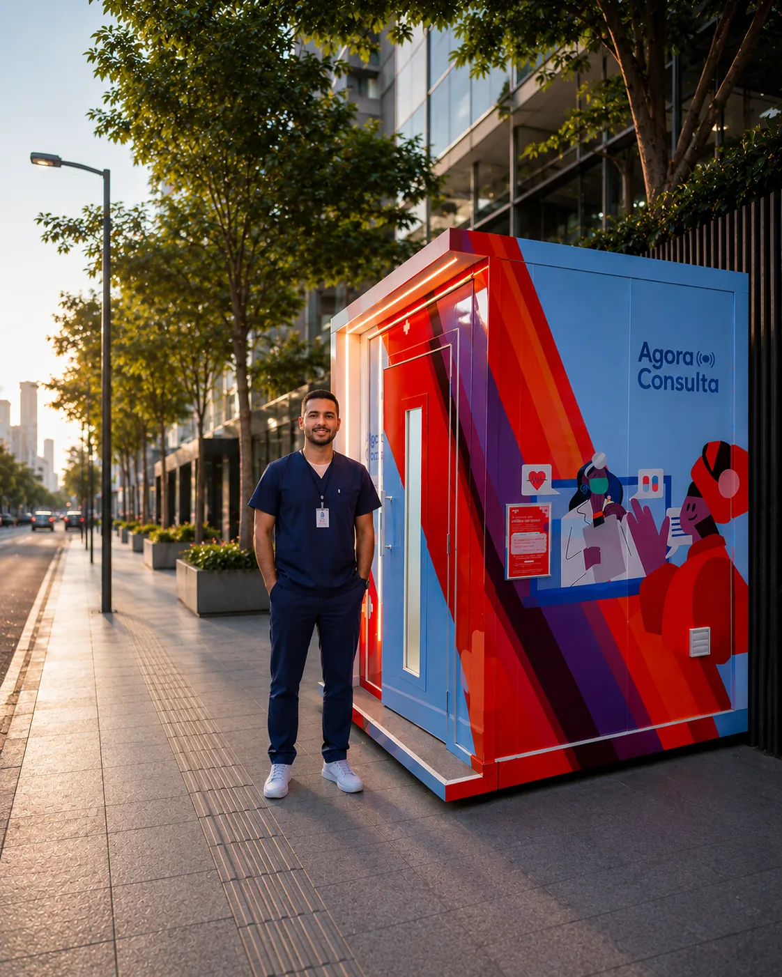 Cabine fechada de atendimento da Agora Consulta, com porta e sinalização visual na parte superior