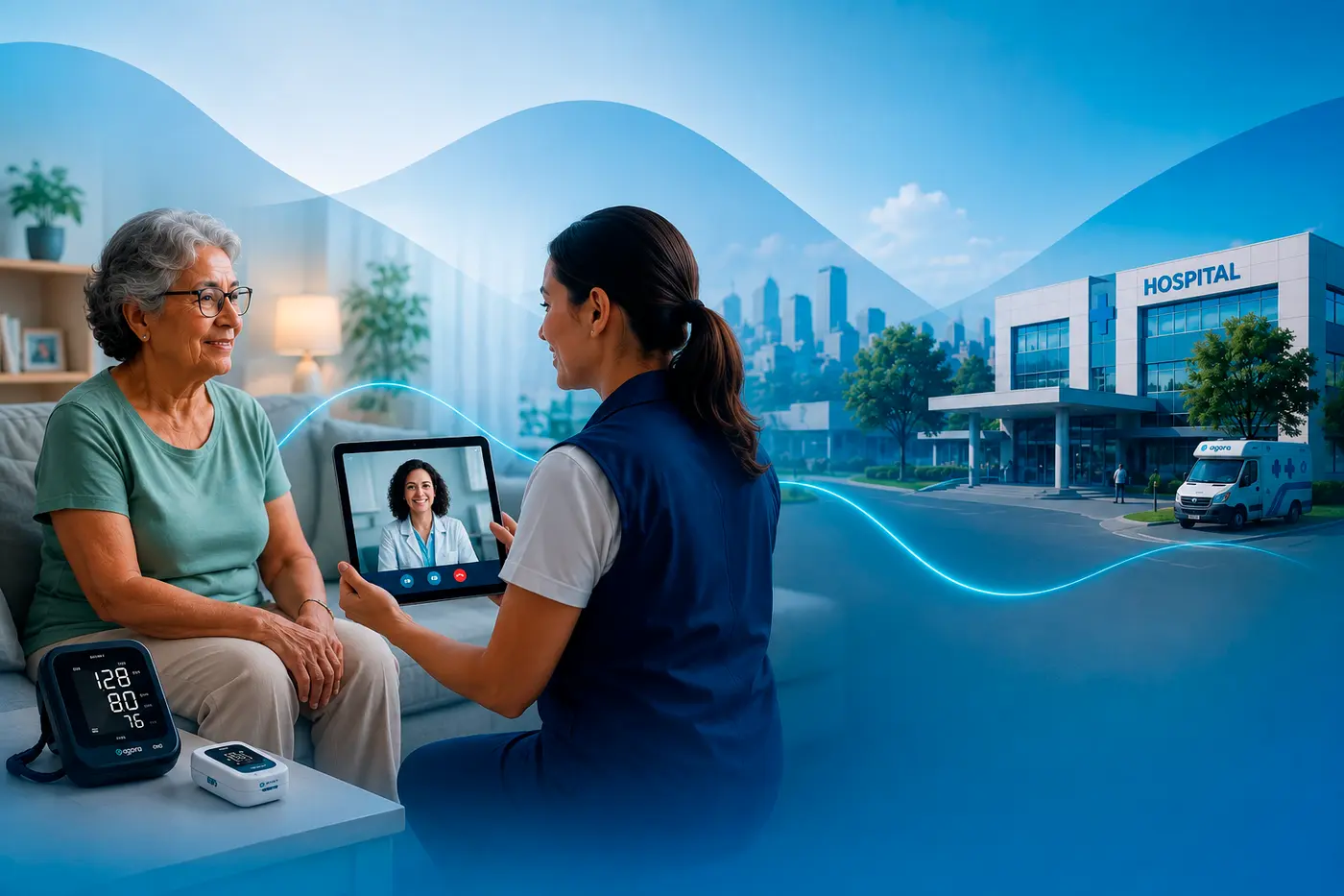 Facilitadora de saúde ao lado de uma paciente idosa em casa, com teleconsulta no tablet, aferidor de pressão e oxímetro na mesa, e o hospital ao fundo