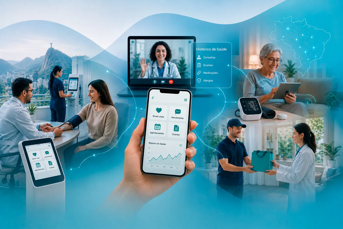 Jornada de saúde phygital: aferição presencial, totem, teleconsulta e aplicativo com histórico de saúde do paciente