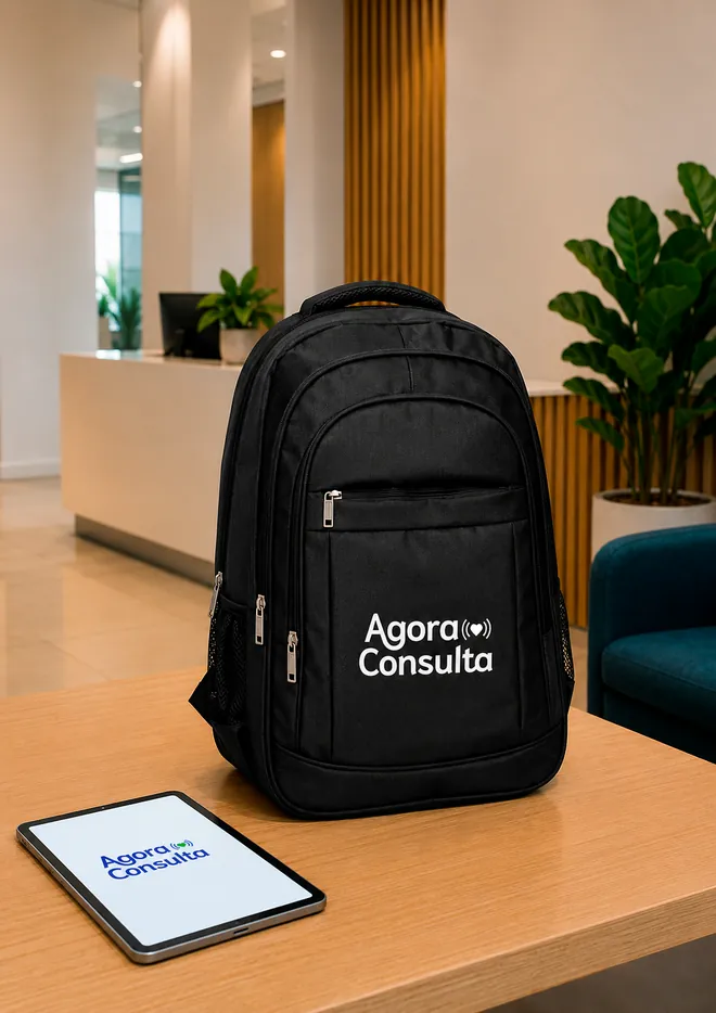Mochila da Agora Consulta aberta, com os dispositivos médicos acomodados em compartimentos internos