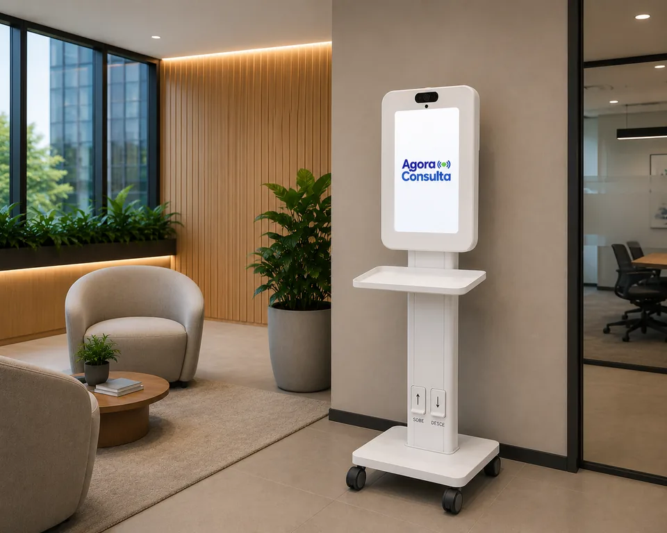 Totem touch da Agora Consulta, com tela vertical e os dispositivos médicos acoplados na lateral