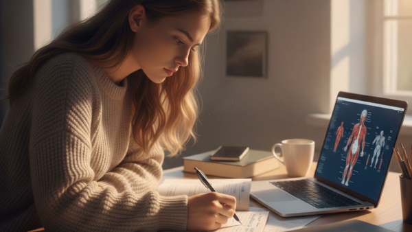Uma estudante de medicina está concentrada em suas anotações, inclinada sobre o caderno em uma sala de estudos silenciosa. À sua frente, um notebook aberto complementa o ambiente de aprendizado, reforçando o foco e a dedicação ao estudo